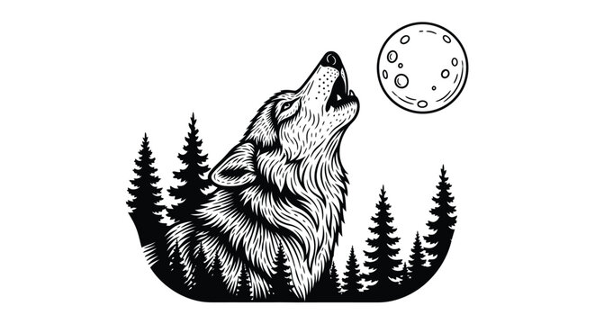 Howling wolf with pine trees and full moon black and white silhouette