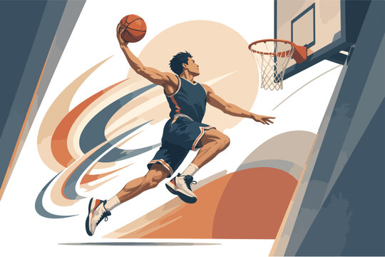 Basketball player dunking ball at hoop with abstract background