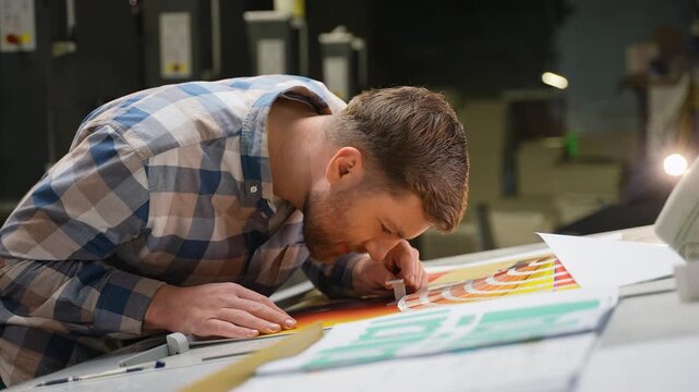 Graphic designer checking print quality with a loupe at a printing factory
