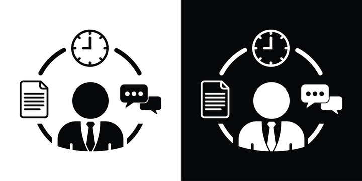 Businessman icon surrounded by a clock, a document, and chat bubbles, representing efficient time management, project workflows, communication, and multitasking.