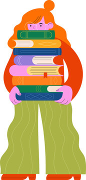 Girl with stack of books cartoon doodle. Colorful flat vector illustration series for book fair, library and bookshop poster, banner and logo designs