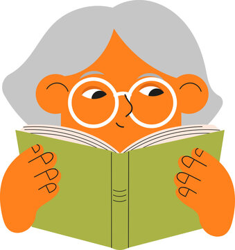 Senior woman in glasses reading book cartoon doodle. Colorful vector cartoon illustration series for book fair, library and bookshop poster, banner and logo designs.