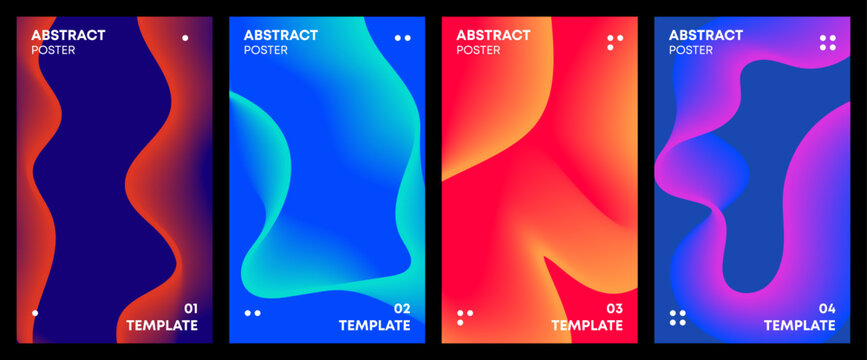 A modern set of abstract wave vector poster templates designed with gradient and stripe patterns. Wavy geometric wallpaper ideal for posters, templates, and digital...