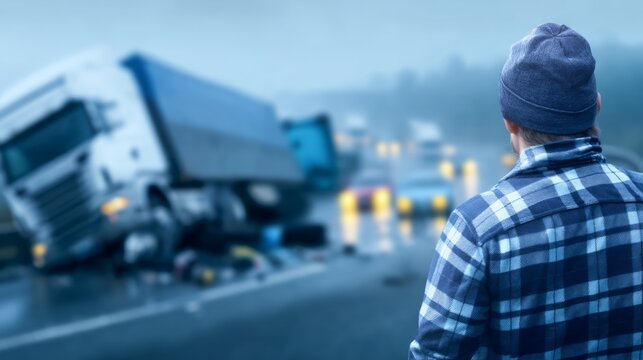 Man in hat and plaid shirt watching blurred truck accident on road at foggy day