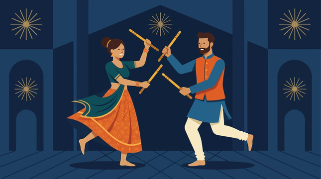 An energetic flat design illustration capturing a man and woman performing the traditional Garba dance with dandiya sticks. This modern vector artwork embodies the festive spirit of Navratri