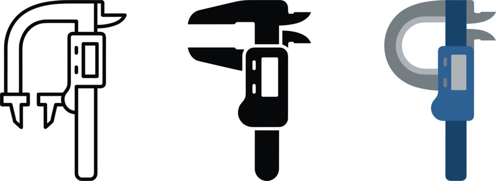 Adjustable caliper tool vector icons featuring precision measuring instrument silhouettes isolated on clean white background illustration set