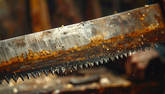 Close-up of sharp metal saw teeth with traditional tooth set pattern