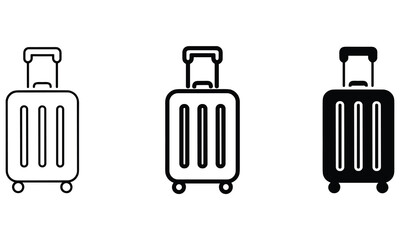 Three simple suitcase icons in different line styles and colors for travel and luggage themes © Styllo