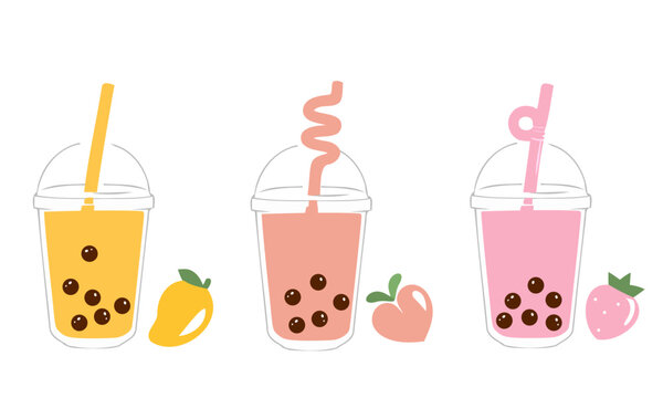 Cute bubble tea drink icon set with mango, peach, and strawberry flavors illustration.