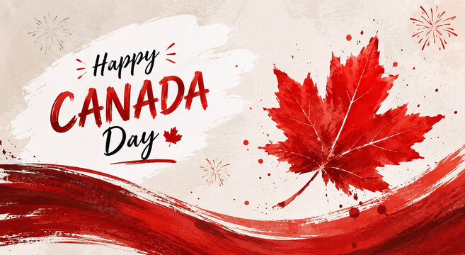 Watercolor maple leaf and canada day lettering with festive firework splashes