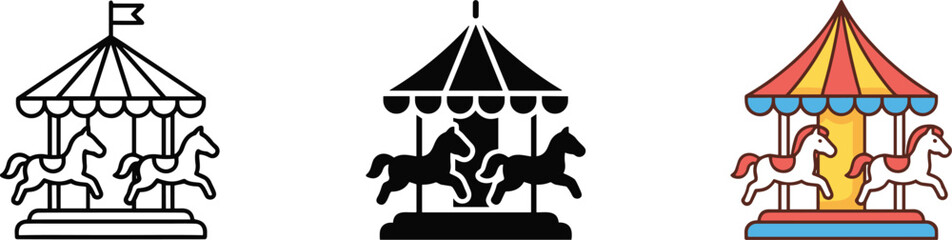 Carousel amusement ride vector icons featuring circus horses carnival entertainment symbols isolated on white background illustration collection © Sahina