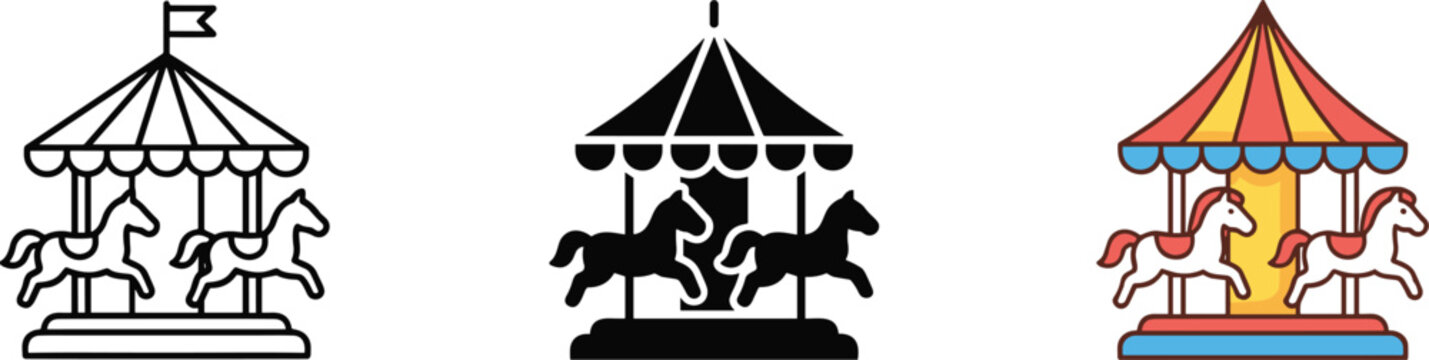 Carousel amusement ride vector icons featuring circus horses carnival entertainment symbols isolated on white background illustration collection