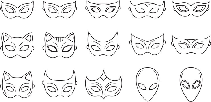 Vector collection of fifteen black and white outline masks including cat, alien, and masquerade styles, ideal for costume, carnival, or graphic design themes