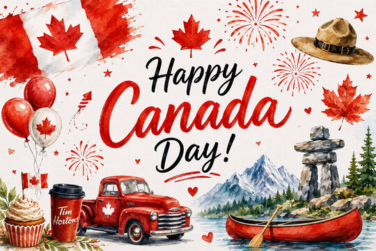 Watercolor canada day illustration with maple leaves red truck and festive elements