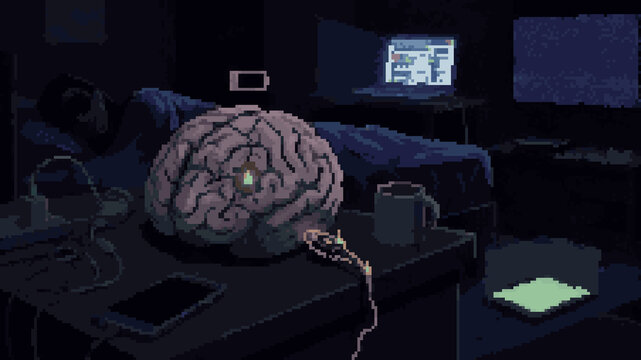 Pixel art of a human brain charging on a desk with a low battery icon and a person sleeping in the background