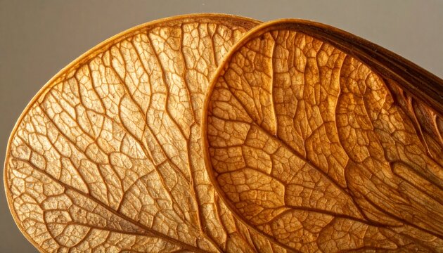 Close-up of dried maple samara seed with detailed wing veins in warm light
