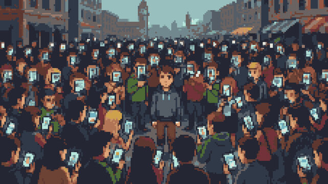Pixel art of a young man standing still in a massive crowd of people staring at glowing smartphones in a city square