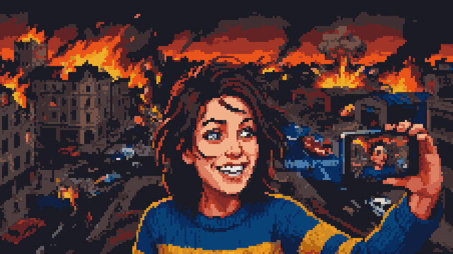 Pixel art of a woman smiling and taking a selfie with a smartphone while a city burns in the background