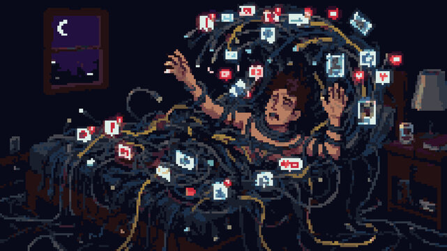 Pixel art of a man trapped in bed and tangled in a mess of glowing computer cables and social media icons