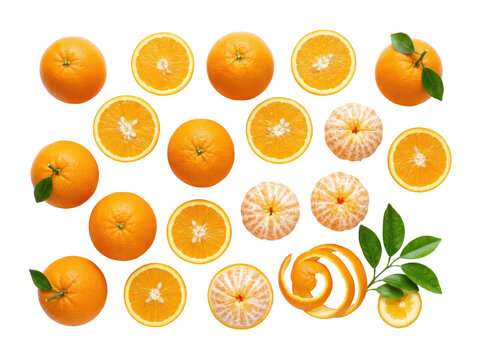 Assortment of fresh oranges, sliced and whole, with leaves and peel