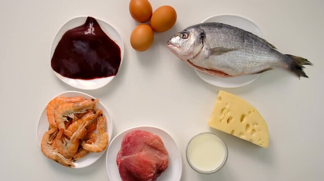 Foods that contain vitamin B12. Selective focus.