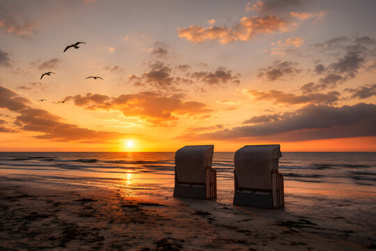 Two Strandk&Atilde;&para;rbe at Sunset Beach Seagulls Golden Sky