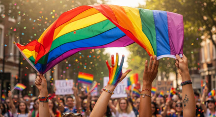 Fototapeta premium Rainbow flag held aloft at a vibrant parade with confetti, symbolizing pride, equality, and celebration of diversity.