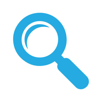 Magnifying glass icon represents search functionality in a clean blue graphical interface design.
