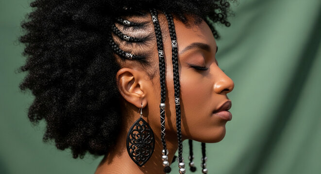Close-up profile of a woman with dark braided hair and ornate earrings, her eyes closed, showcasing natural beauty and style, symbolic of elegance and self-expression