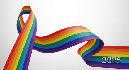 Fototapeta premium Flowing rainbow ribbon with the year 2026, symbolizing pride, equality, and future events, perfect for LGBTQ+ or awareness campaigns.
