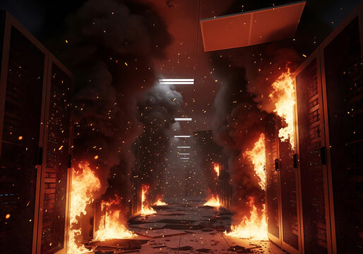 Digital render of a catastrophic server room explosion with intense flames consuming overheated server units and data cables in a high-tech facility, featuring dramatic lighting and chaotic energy