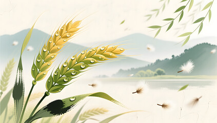Fototapeta premium Xiaoman solar term golden wheat ears and dew nature scenery