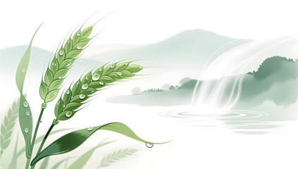 Fototapeta premium Xiaoman solar term green wheat and dew nature ink background