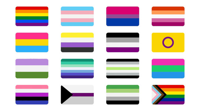 LGBTQ flag icons displayed in a row on a white surface for recognition and awareness