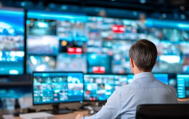 Obraz premium Man monitoring multiple digital surveillance screens in a high-tech control room