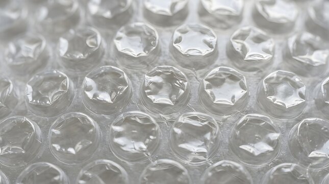 Close up macro photo of transparent bubble wrap showing reflective plastic pockets used for protective packaging of fragile shipping items