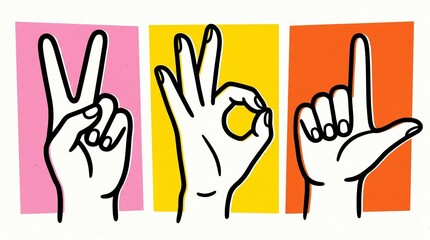 Fototapeta premium Three colorful panels with bold hand gestures: peace sign, OK gesture, and L‑shape outlined in black on vivid backgrounds…