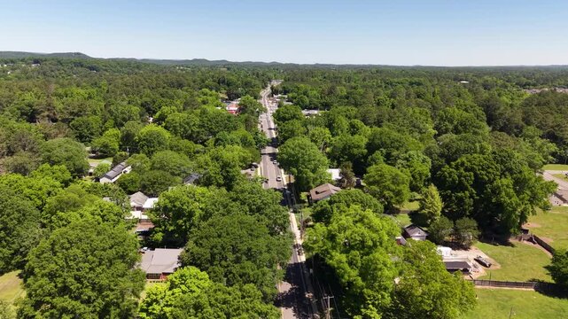 Aerial Drone View Looking Down Tree-Canopied Residential Street in LaFayette Georgia