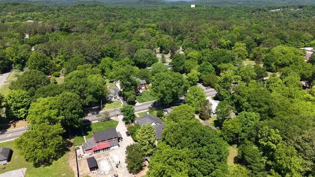Drone Aerial of Small Town Southern Neighborhood with Large Shade Trees in LaFayette Georgia