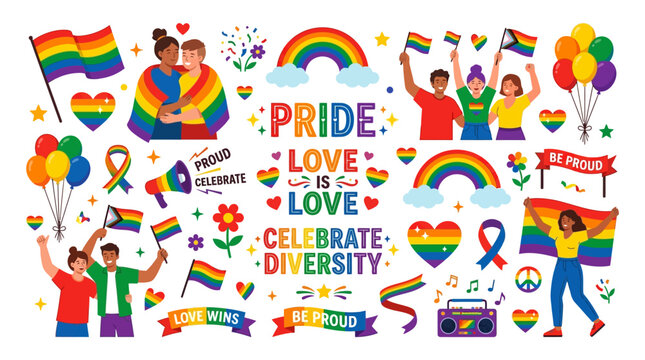Celebrate Pride Month with a vibrant collection of LGBTQ+ symbols and affirmations, embracing love, diversity, and unity in a spectrum of colors