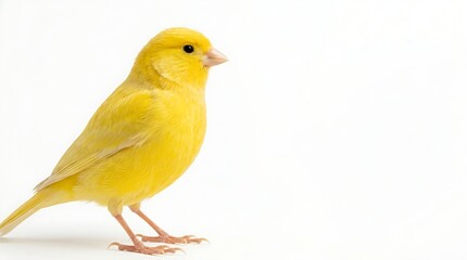 Obraz premium Profile view of a beautiful domestic yellow canary displaying vivid plumage while resting on a wooden T-perch.