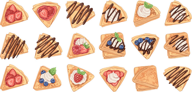 Sweet Crepe and Pancake Vector Icon Set with Fresh Strawberry Blueberry and Chocolate Syrup Toppings for Bakery Cafe Menus and Dessert Graphic Designs