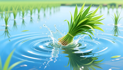 Fototapeta premium Green seedlings splashing into the paddy field during transplanting season