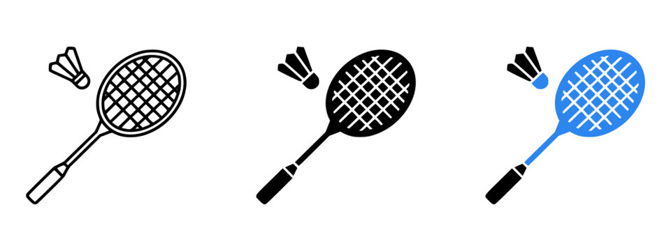 Badminton racket and shuttlecock icon set outline and solid, badminton symbol, racket and shuttle icon, court sport sign, clean UI icon design - stock vector