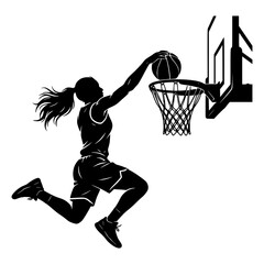 Female basketball slam dunk silhouette with hoop and ball side view, woman basketball player dunk pose, dynamic action silhouette, black and white isolated - stock vector © BB Images