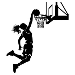 Female basketball player slam dunk silhouette with hoop and ball, woman dunk pose side view, basketball action silhouette, dynamic athlete figure, black and white - stock vector © BB Images