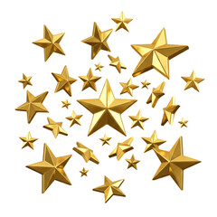 Obraz premium Gold stars floating in air, isolated on transparent background, shiny and metallic