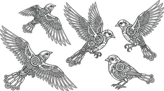 Steampunk Mechanical Bird Vector Set with Detailed Flying and Perched Illustrations Featuring Gears, Wings, and Industrial Design for Fantasy, Sci-Fi, and Digital Art