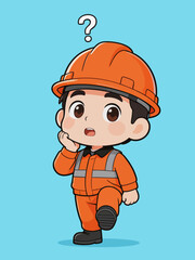 Fototapeta premium A cute chibi style cartoon illustration of a young male construction worker wearing safety helmet and workwear, with a confused questioning expression above his head.