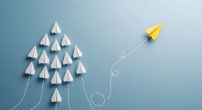 leadership concept, paper airplanes, symbol of bold decisions, autonomy and leadership